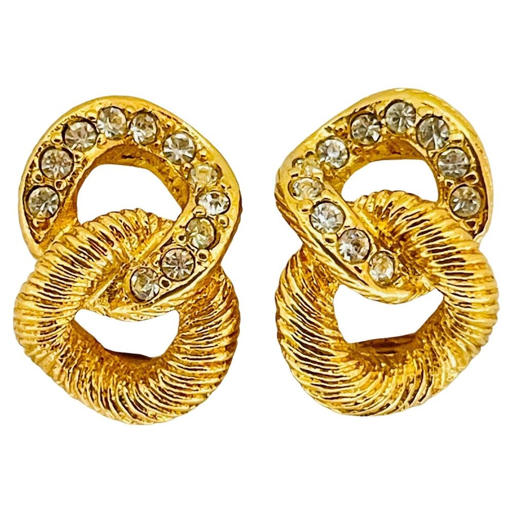 CHRISTIAN DIOR signed vintage gold crystals designer runway clip on earrings